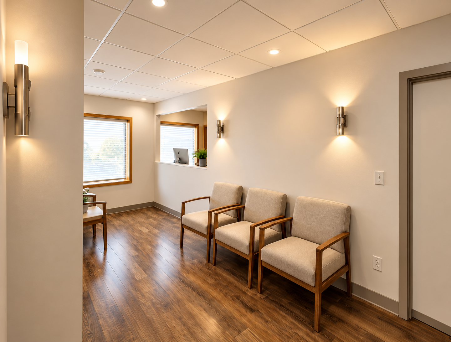 Dental lobby with upholstered wood-arm chairs, warm wall sconces and wood flooring