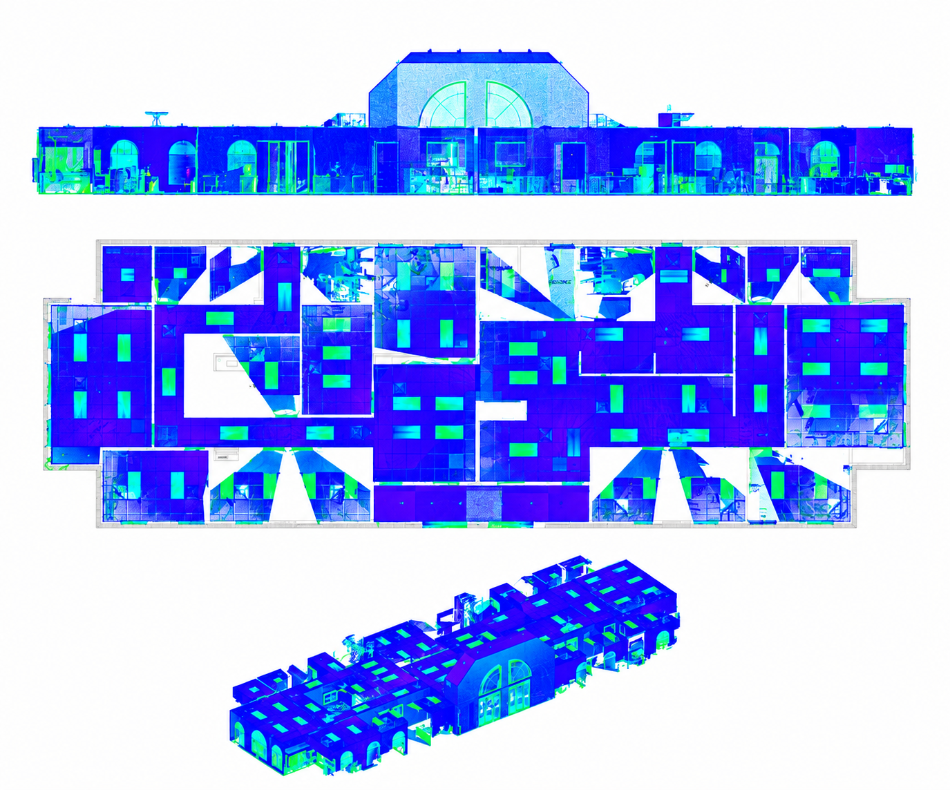 Dental office laser scan showing elevation, overhead plan and isometric views