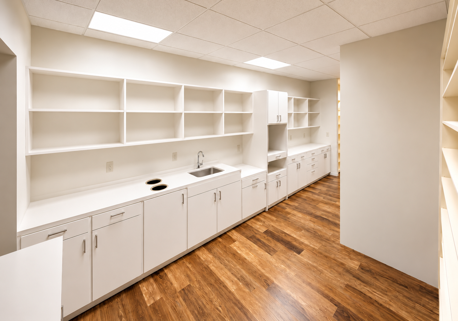 Detailed white dental cabinetry with open shelves, sink and recessed countertop waste openings