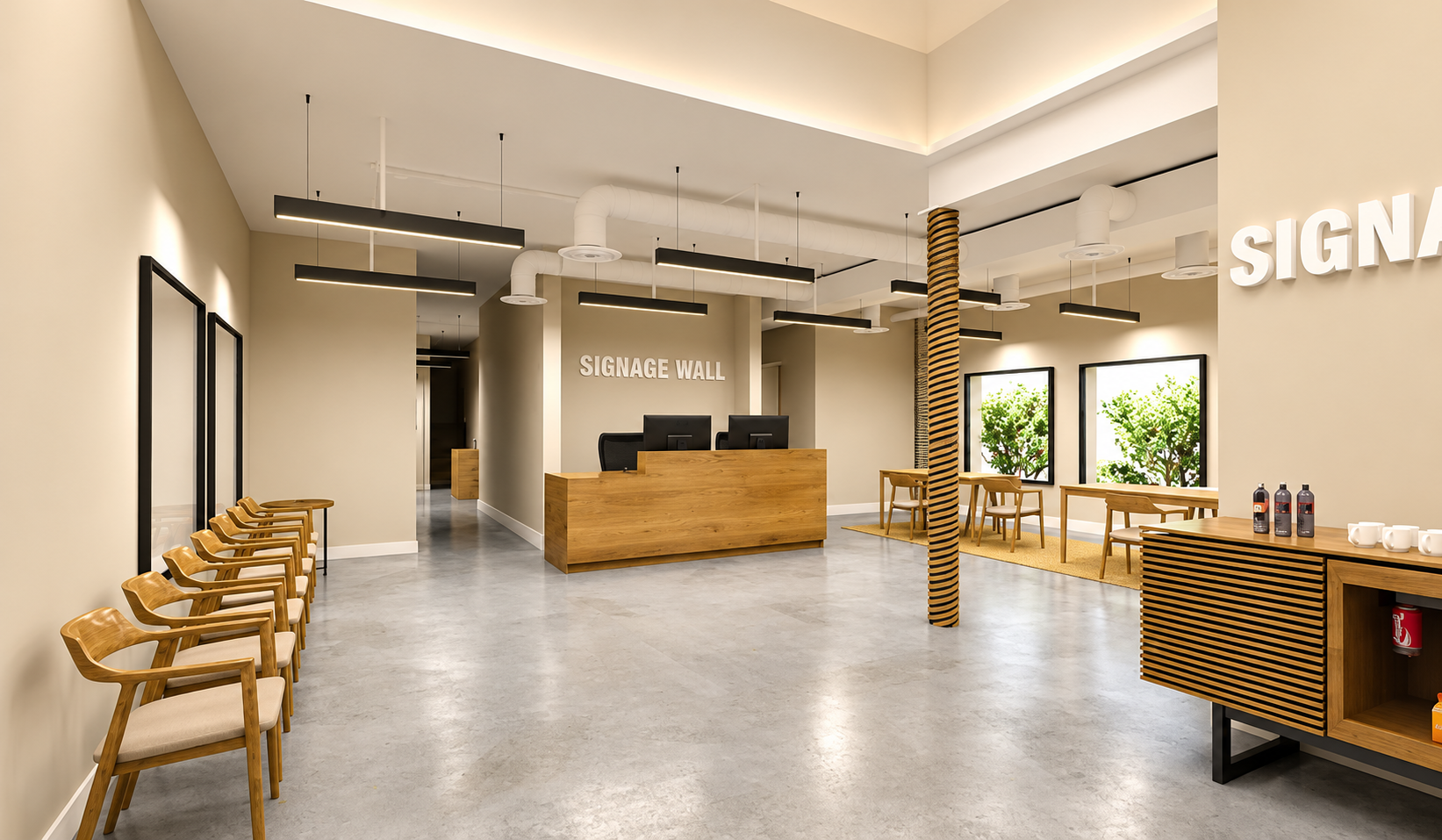 Eye clinic reception with wood reception desk, seating and suspended linear lighting