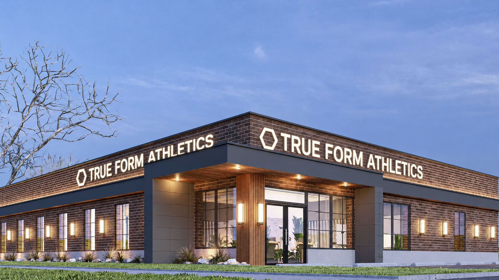 TRUE FORM ATHLETICS exterior rendering with brick facade and illuminated signage