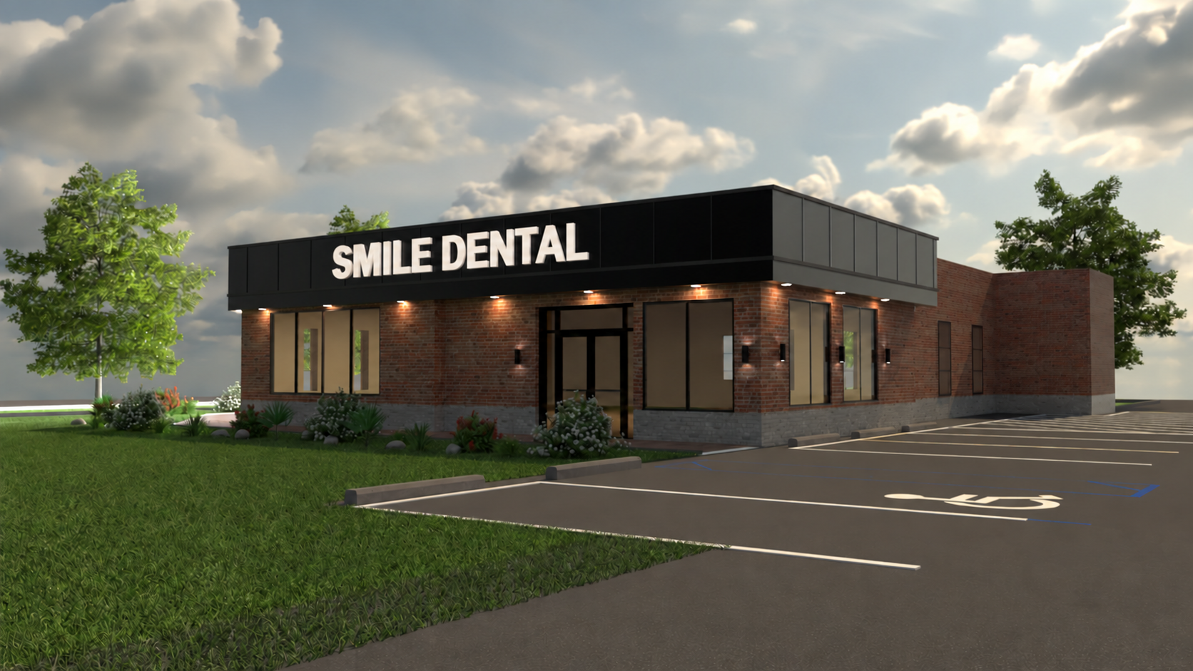 SMILE DENTAL exterior rendering with brick facade, black fascia and landscaped parking area